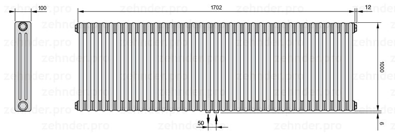 Схема (чертеж) Радиатор Zehnder Charleston 3100/37 №5410 Белый глянцевый RAL 9016